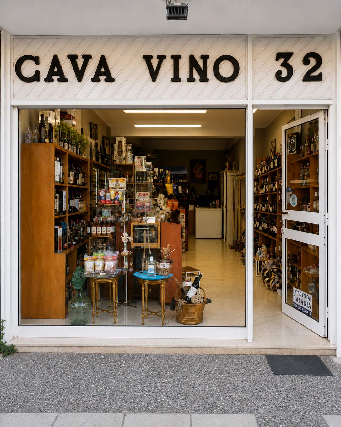 Η πρόσοψη της Cava Vino στην Κύπρου 32, Βριλήσσια — βιτρίνα με κρασιά και ανοιχτή πόρτα